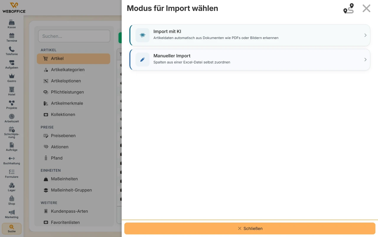 Import-Dialog in weboffice: Import mit KI aus PDF oder Bild, oder manueller Import mit Excel-Spaltenzuordnung